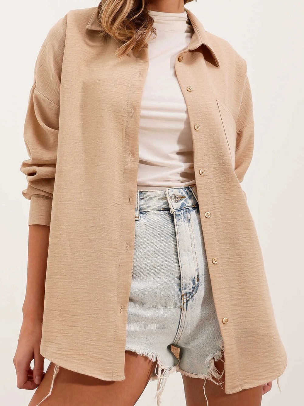 Women’s Oversized Lightweight Long-Sleeve Shirt  in Beige